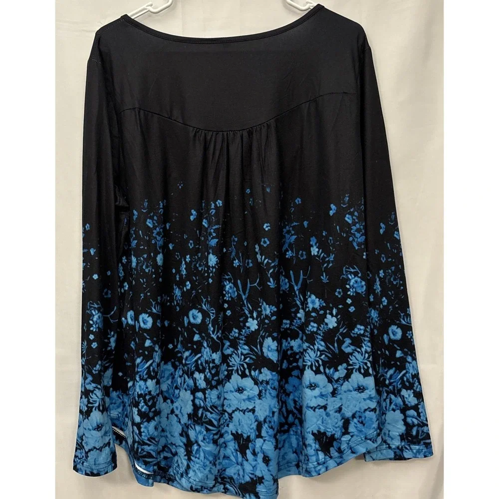 Women's Black Blue Floral Ombre Long Sleeve Faux Button Shirt Size XL - Picture 4 of 6